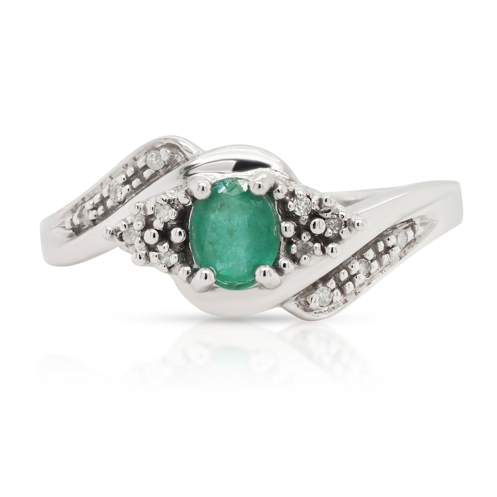 9ct White Gold Oval Emerald & Grain Set Diamond Offset Ring