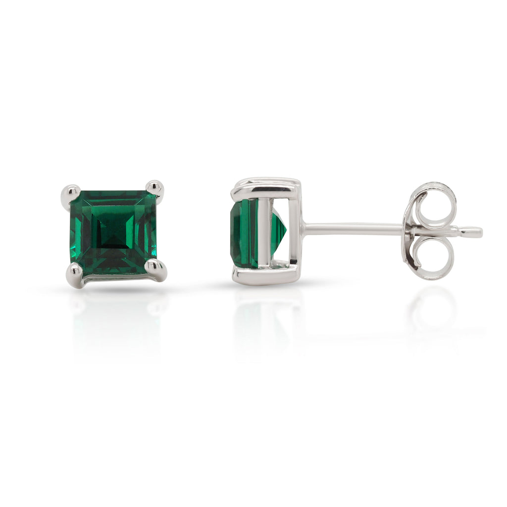 9ct White Gold 5mm Square Created Emerald Stud Earrings