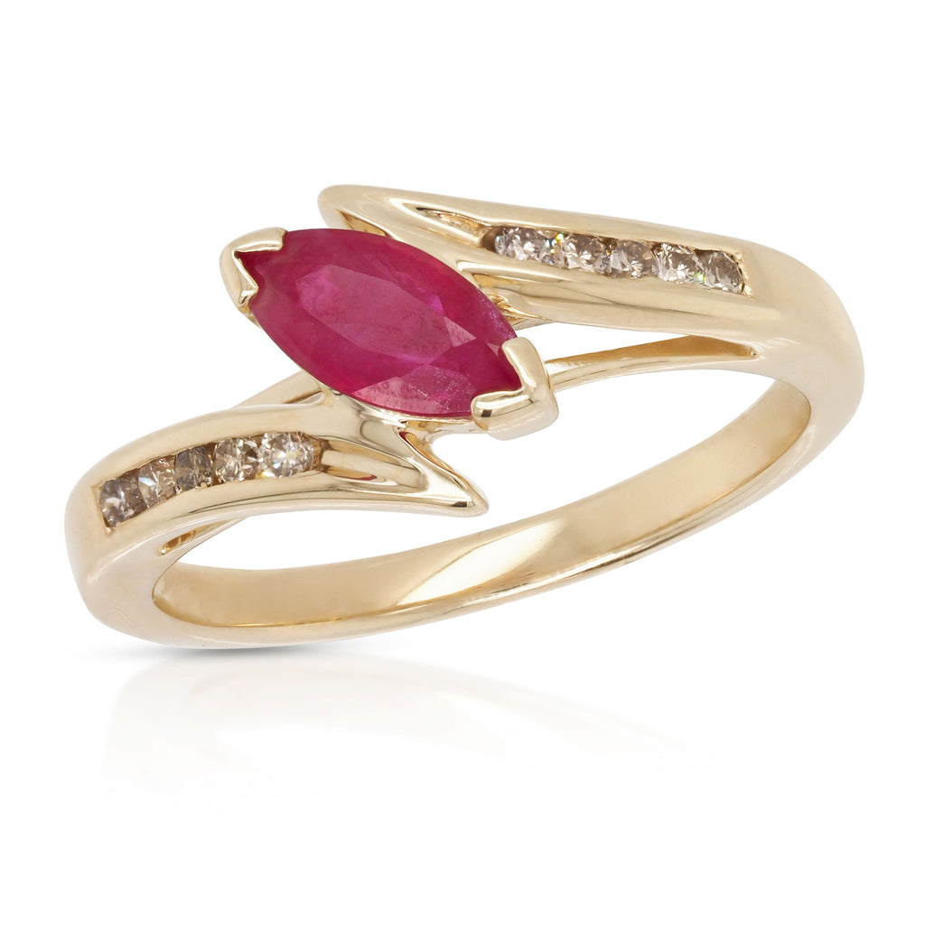 9ct Yellow Gold Diagonal Marquise Ruby & Diamond Ring