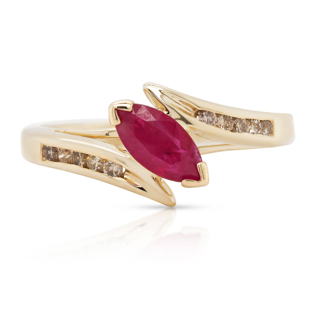 9ct Yellow Gold Diagonal Marquise Ruby & Diamond Ring