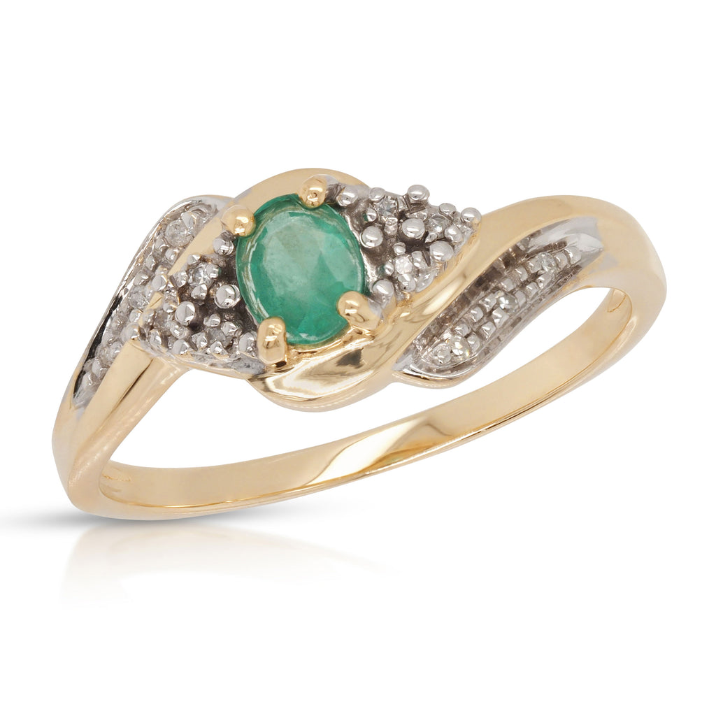 9ct Yellow Gold Oval Emerald & Grain Set Diamond Offset Ring