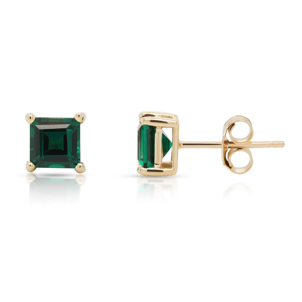 9ct Yellow Gold 5mm Square Created Emerald Stud Earrings