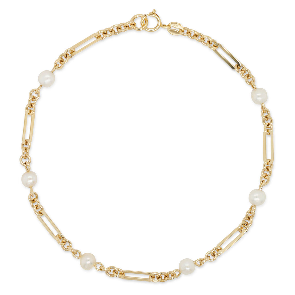 9ct Yellow Gold Long Oval, Round & Freshwater Pearl Bracelet