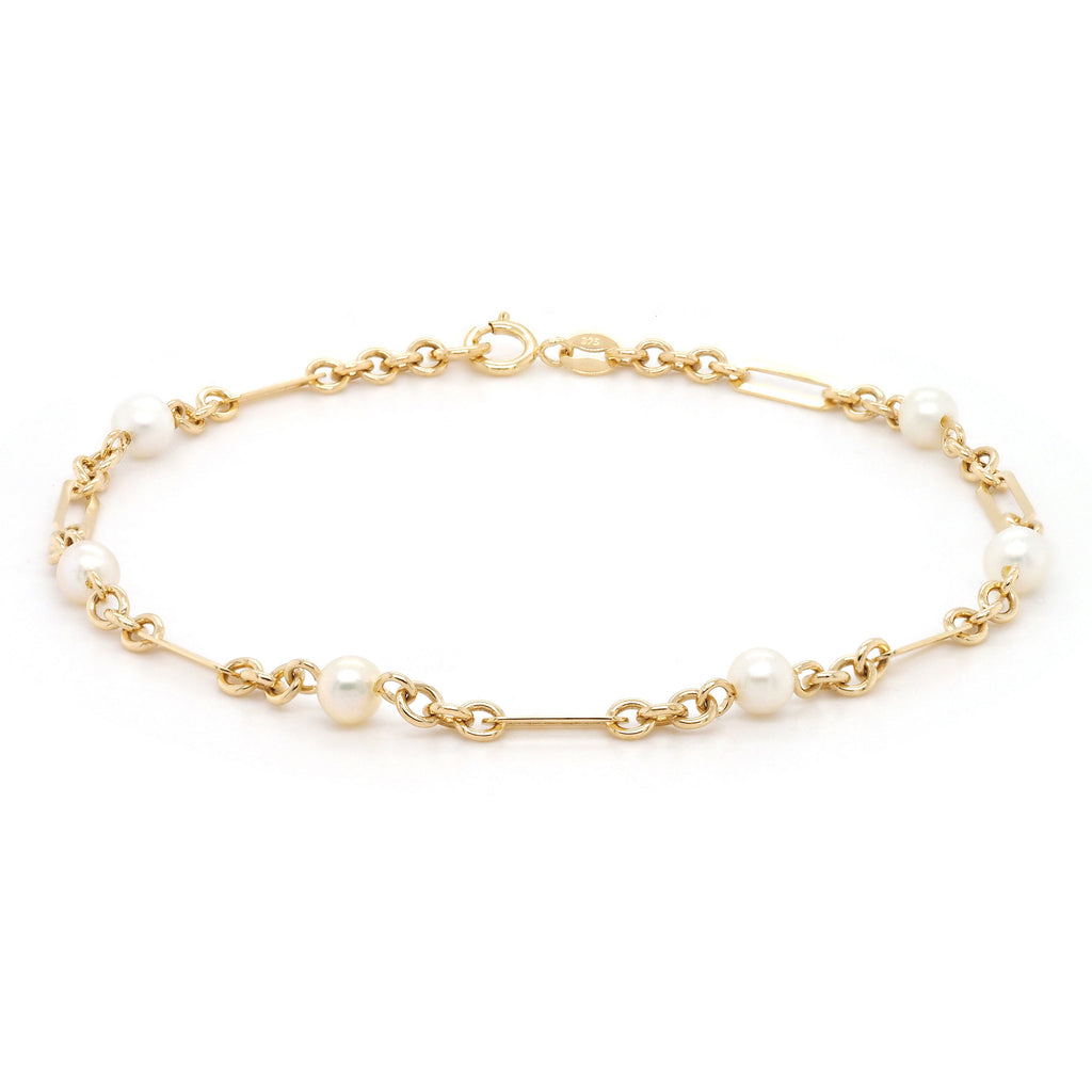 9ct Yellow Gold Long Oval, Round & Freshwater Pearl Bracelet