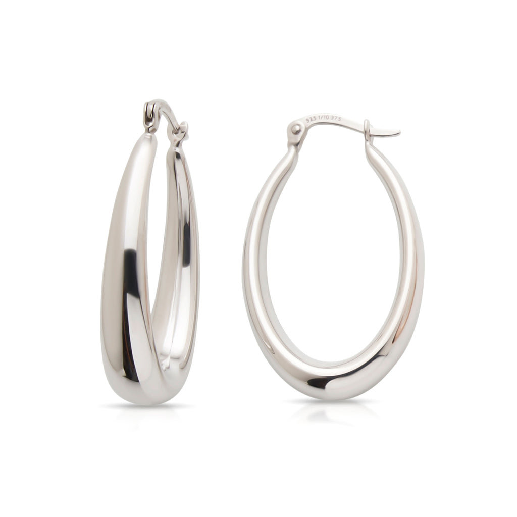 9ct White Gold Bonded 27x14mm Oval Hoop Earrings