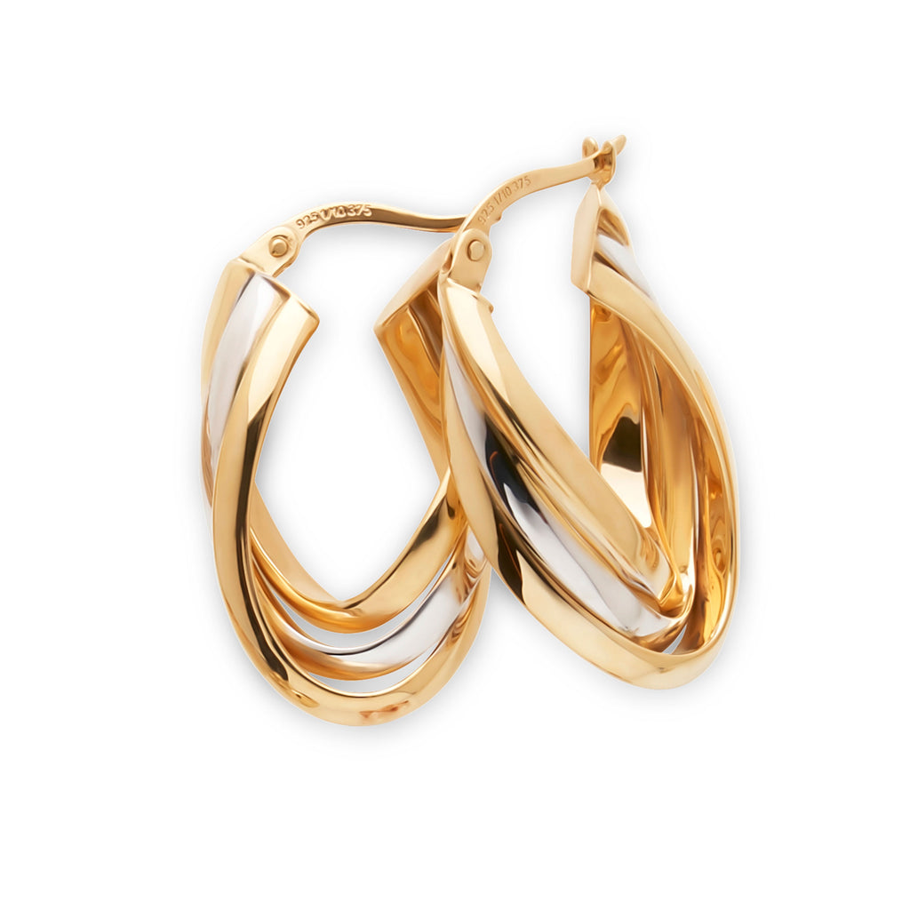 9ct 2-Tone Gold Bonded 9mm Oval Twist Hoop Earrings