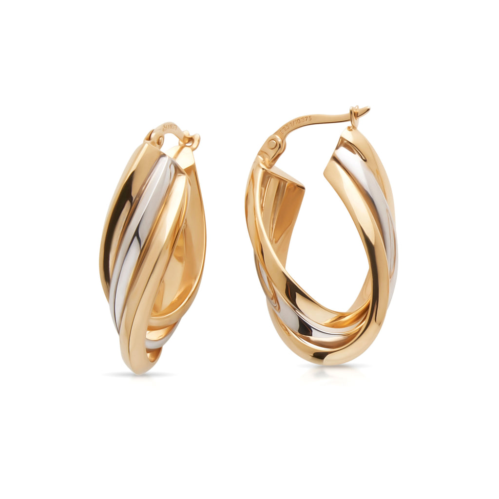 9ct 2-Tone Gold Bonded 9mm Oval Twist Hoop Earrings