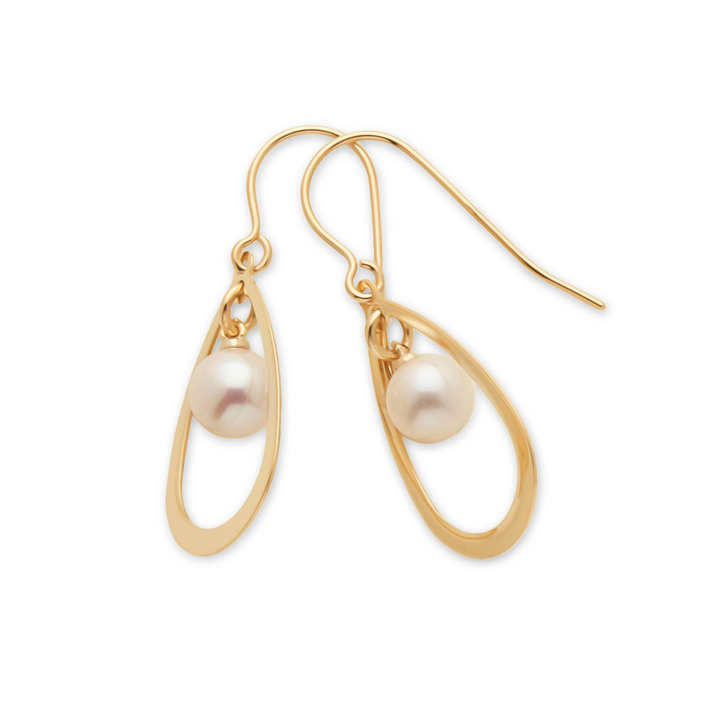 9ct Yellow Gold Open Teardrop Freshwater Pearl Hook Earrings