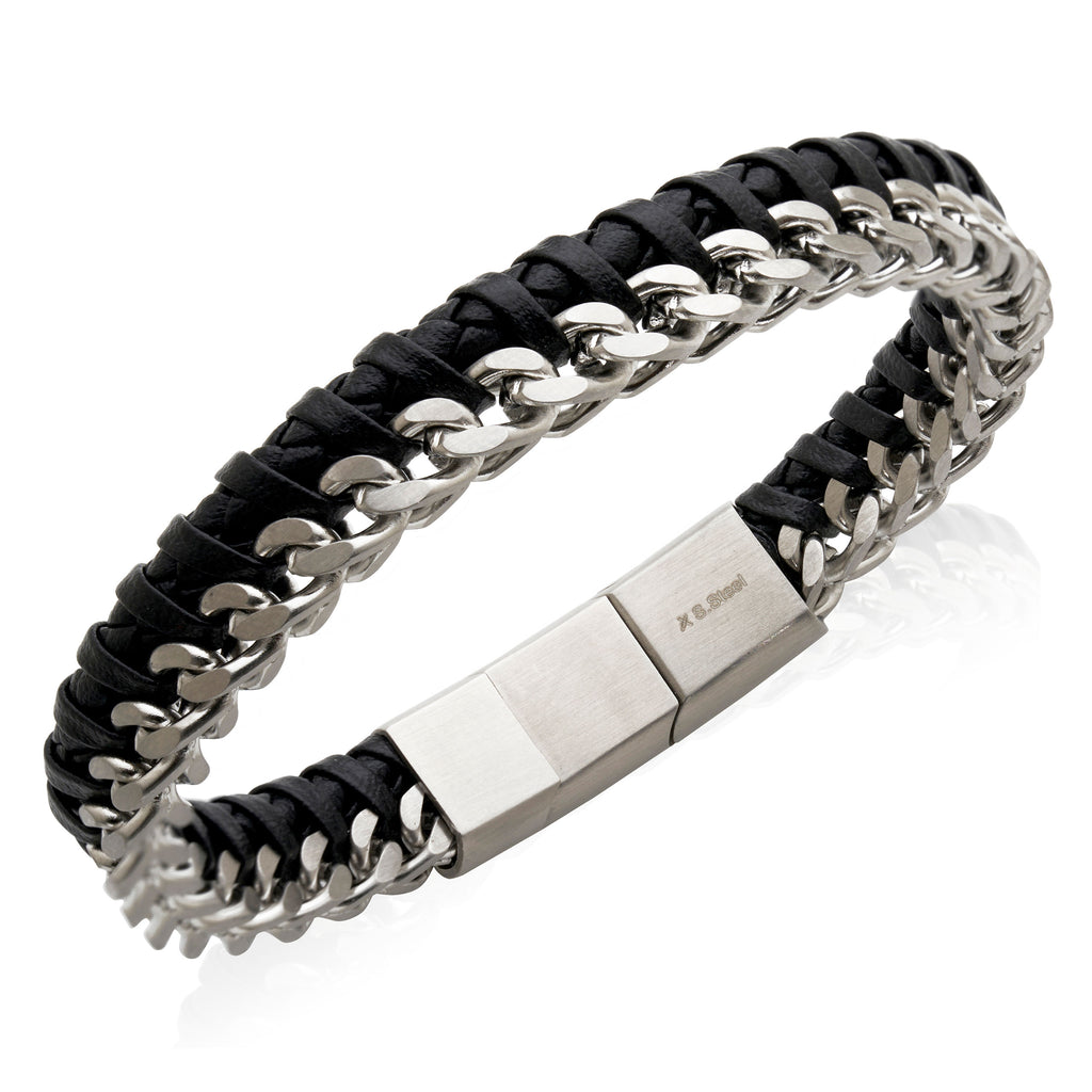 Stainless Steel Curb Link & Black Plaited Leather Bracelet