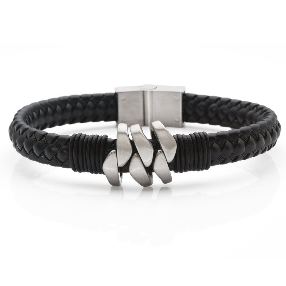 Stainless Steel & Black Leather Plaited 21.5cm Bracelet