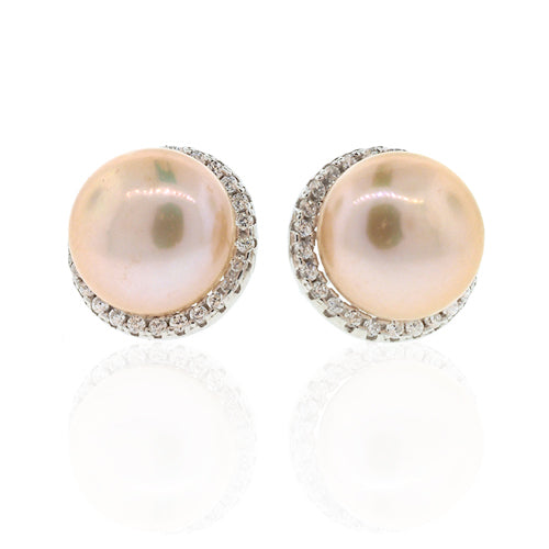 Sterling Silver 9mm Peach Pearl & CZ Studs