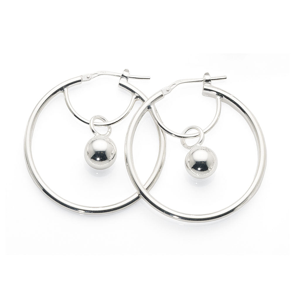 Sterling Silver 30mm Round Hoops With Hanging Inset Ball