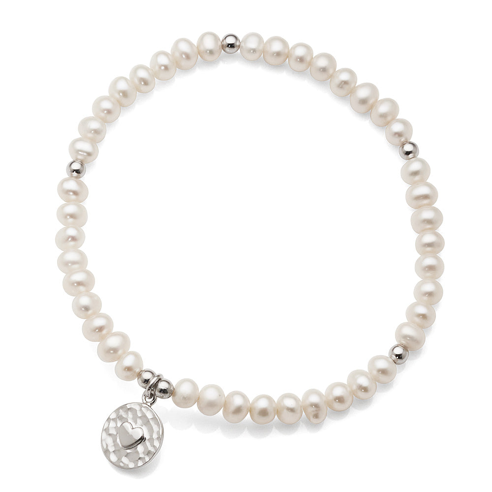 Sterling Silver Freshwater Pearl Stretch Bracelet With Heart