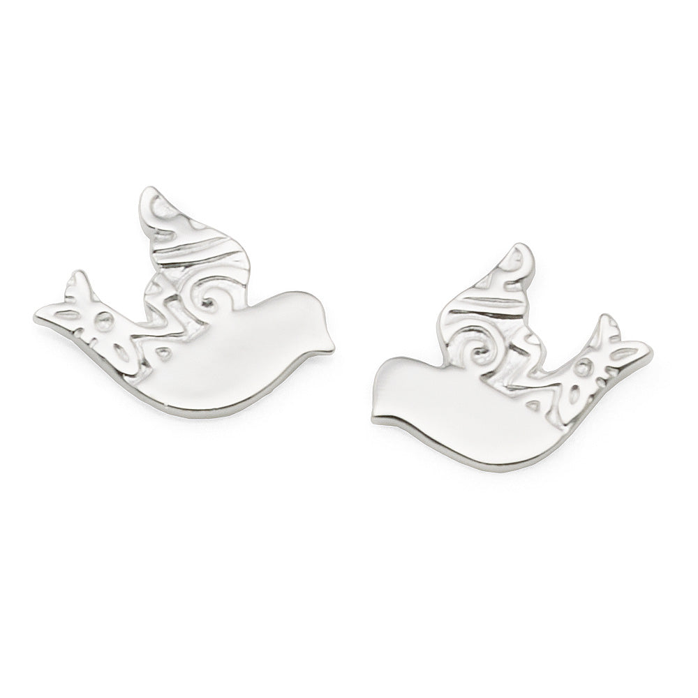 Sterling Silver Etched Pattern Bird Stud Earrings