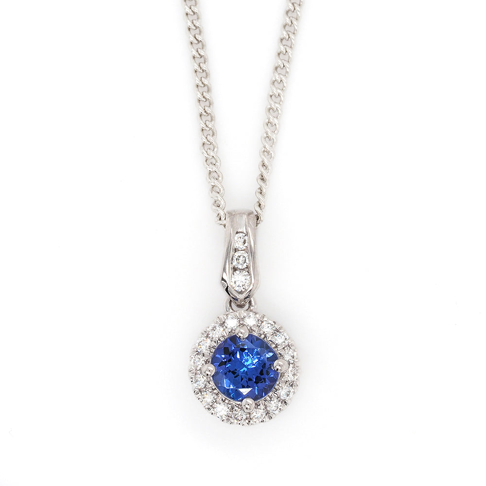 18ct White Gold Tanzanite and Diamond Halo Pendant