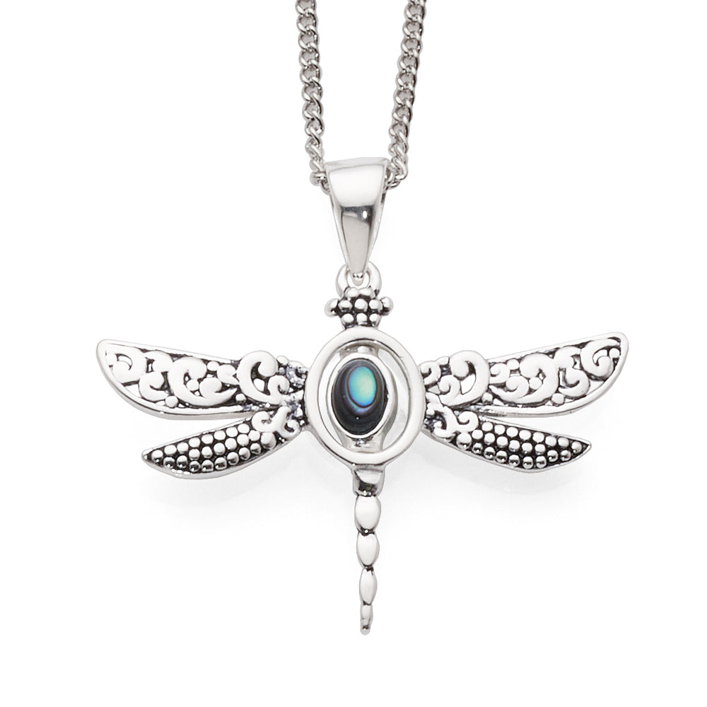 Sterling Silver Dragonfly Reversible Oval Turquoise/Paua She