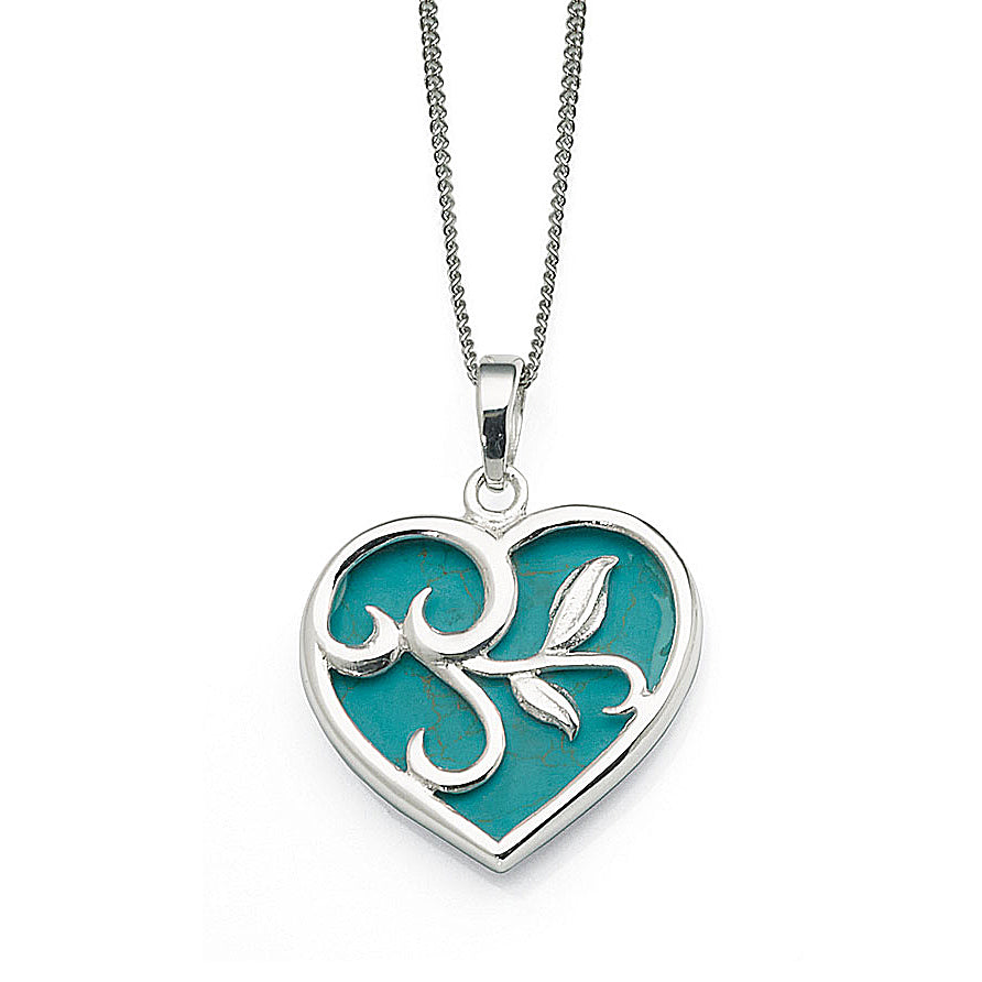 Sterling Silver Created Turquoise Heart Filigree Leaf Pendan