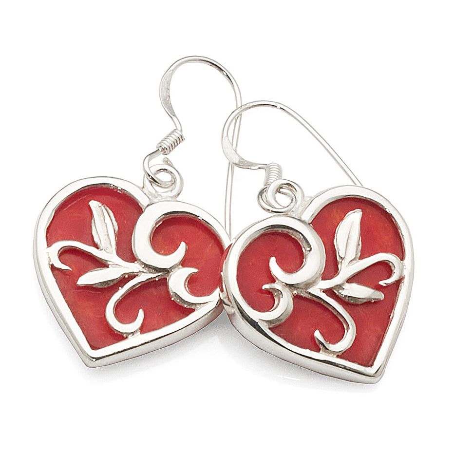 Sterling Silver Red Coral Heart Swirl Hook Earrings