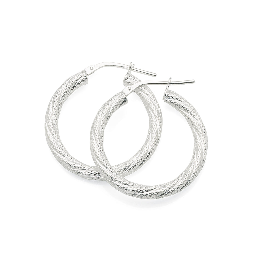 Sterling Silver 20mm Dotted Pattern Twist Tube Hoop Earrings