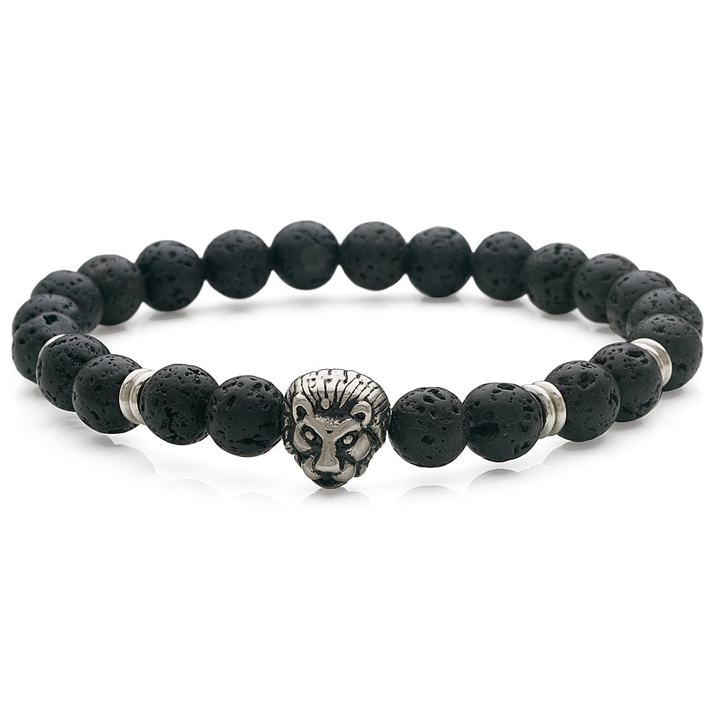 Stainless Steel Lions Head Black Lava Ball Stretch Bracelet