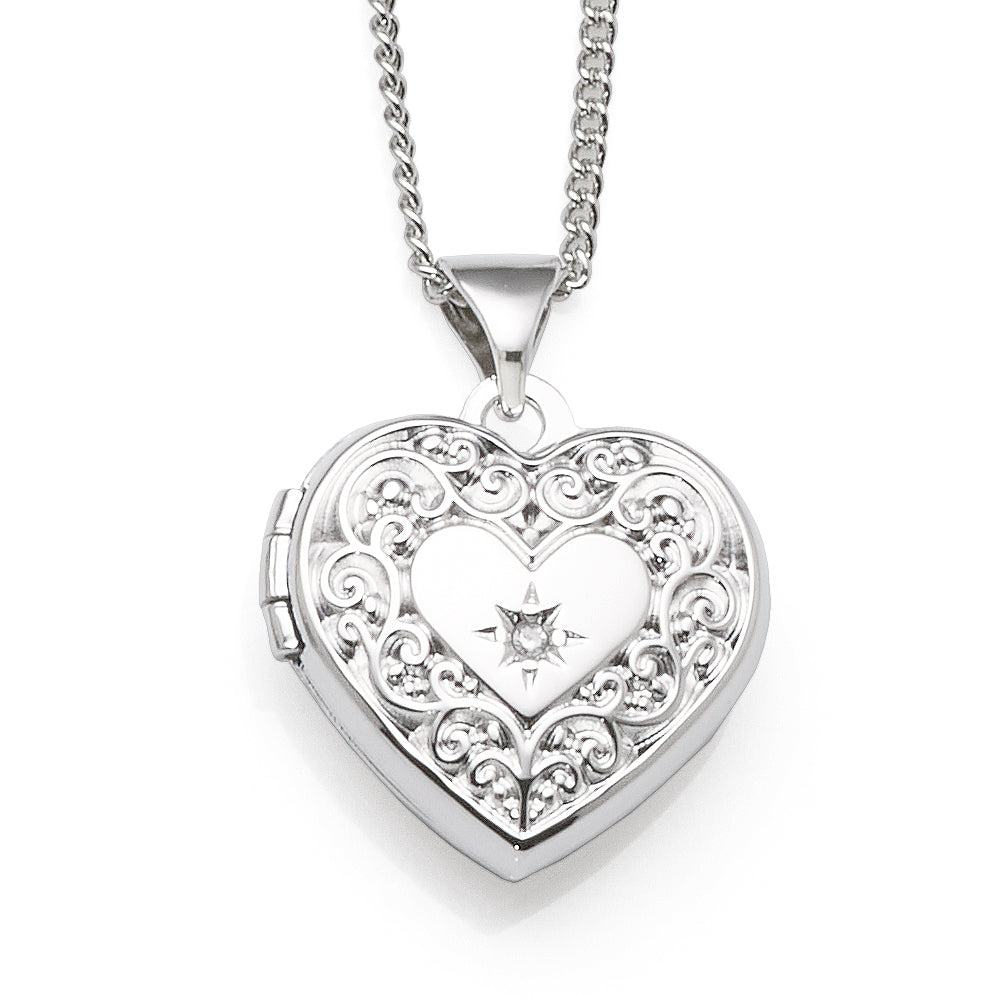 Sterling Silver Cubic Zirconia Floral Etched Heart 15mm Lock