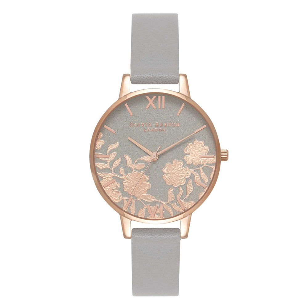 Olivia Burton Rose Tone Lace Detail Grey Leather Watch OB16M