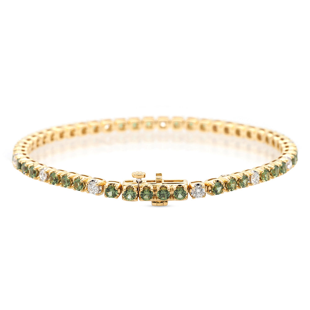 18ct Yellow Gold Alternating Green Sapphire & Diamond Tennis