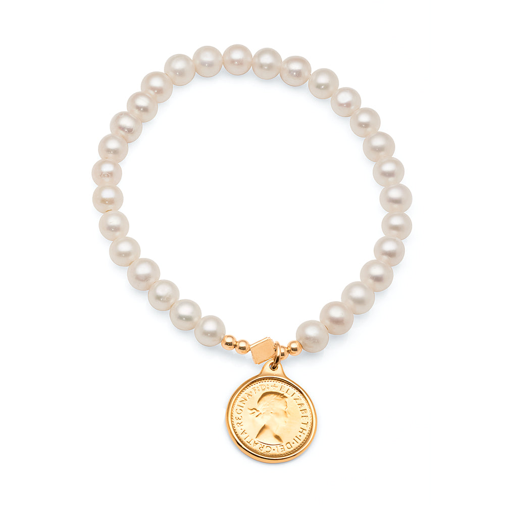 Von Treskow Pearl Stretch Bracelet With Gold Threepence Coin